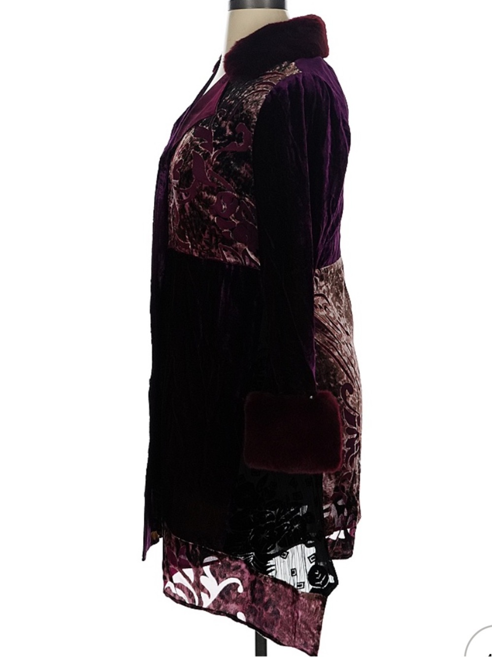 Soft Surrounding jacket velvet burn out-removable fur- plum burgundy patchwork S - Picture 7 of 17